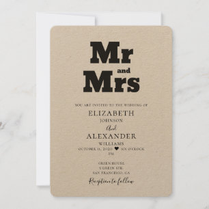 Mr and Mrs wedding invitation. Kraft invite