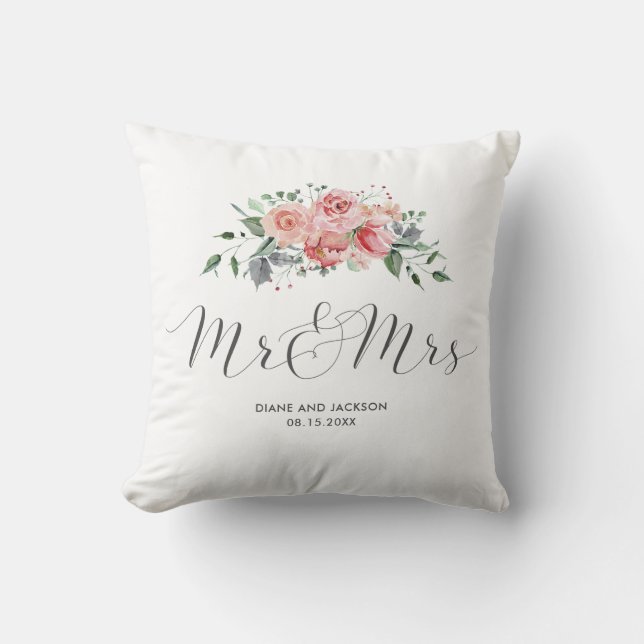 Mr and Mrs Wedding Keepsake Watercolor Rose Throw Pillow (Front)