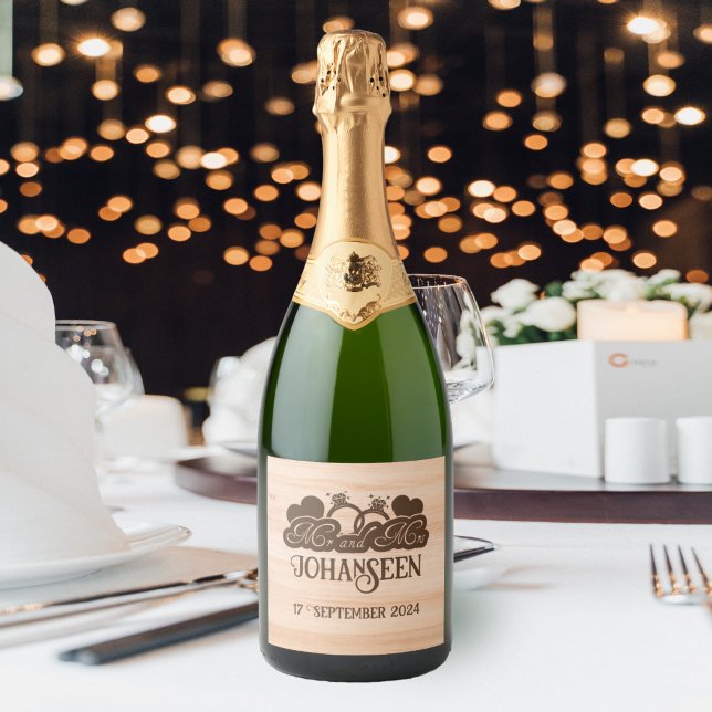 Mr and Mrs Wedding Party Rustic Wood Elegant Sparkling Wine Label (Creator Uploaded)