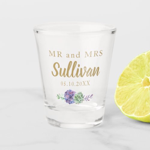 Mr and Mrs Wedding purple succulents favor idea Shot Glass