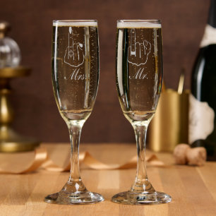 Mr. and Mrs. wedding Ring Finger Couple  Champagne Flute