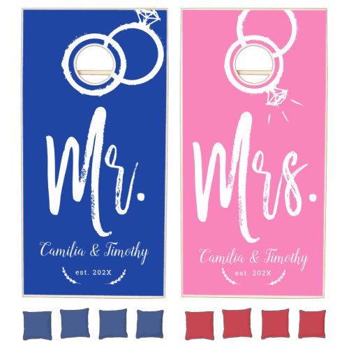 Mr and Mrs Wedding Rings Blue and Pink Cornhole Set