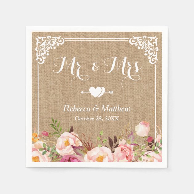 Mr. And Mrs. Wedding Rustic Burlap Floral Frame Paper Napkin
