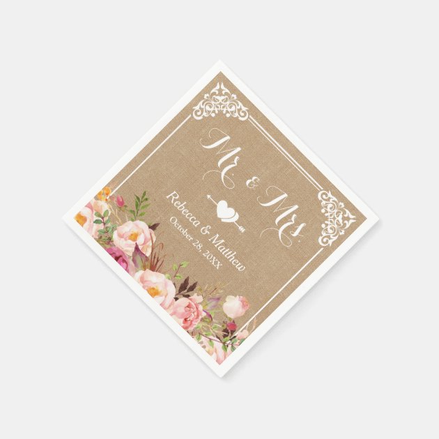 Mr. And Mrs. Wedding Rustic Burlap Floral Frame Paper Napkin