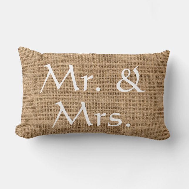 Mr. and Mrs. Wedding rustic burlap Lumbar Pillow (Front)
