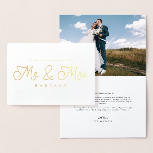 Mr and Mrs Wedding Thank You Photo Foil Card