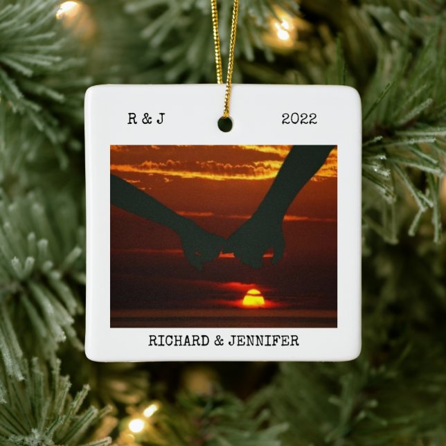 mr and mrs Wedding | Two Sided 2 Photo Modern Ceramic Ornament (Tree)