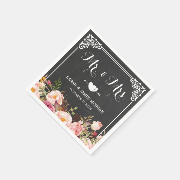 Mr. And Mrs. Wedding Vintage Chalkboard Flowers Napkin