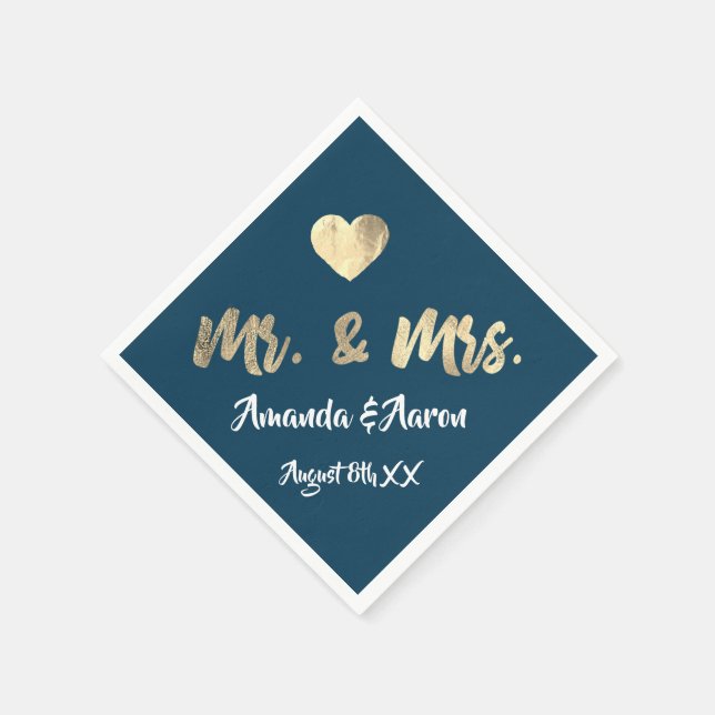 Mr. and Mrs. White Heart Blue Champaigne Gold Napkins (Corner)