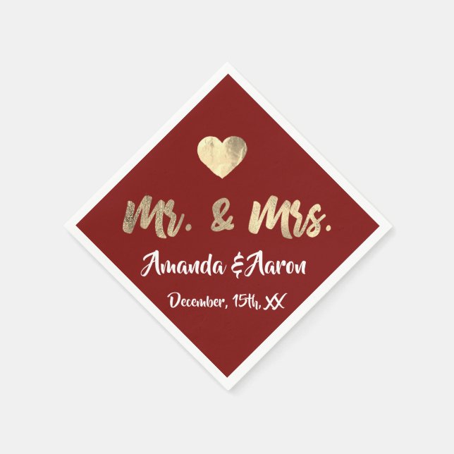 Mr. and Mrs. White Heart Maroon Champaigne Gold Napkins (Corner)