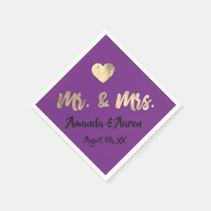 Mr. and Mrs. White Heart Purple Champaigne Gold Napkins
