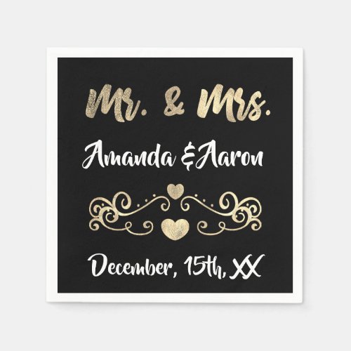 Mr and Mrs White Hearts Black Champaigne Gold Napkins