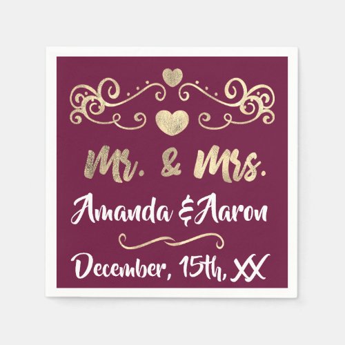 Mr and Mrs White Hearts Marsala Champaigne Gold Napkins