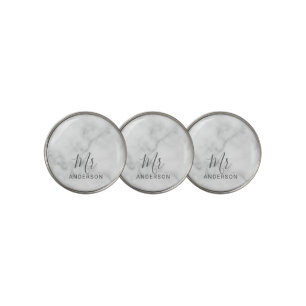 Mr and Mrs White Marble Modern Script Wedding Golf Ball Marker