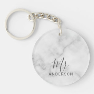 Mr and Mrs White Marble Modern Script Wedding Keychain