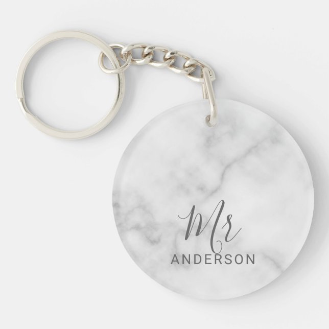 Mr and Mrs | White Marble Modern Script Wedding Keychain (Front)