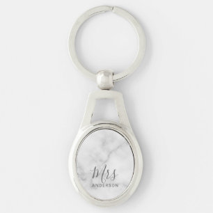 Mr and Mrs White Marble Modern Script Wedding Keychain