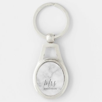 Mr And Mrs | White Marble Modern Script Wedding Keychain by manadesignco at Zazzle