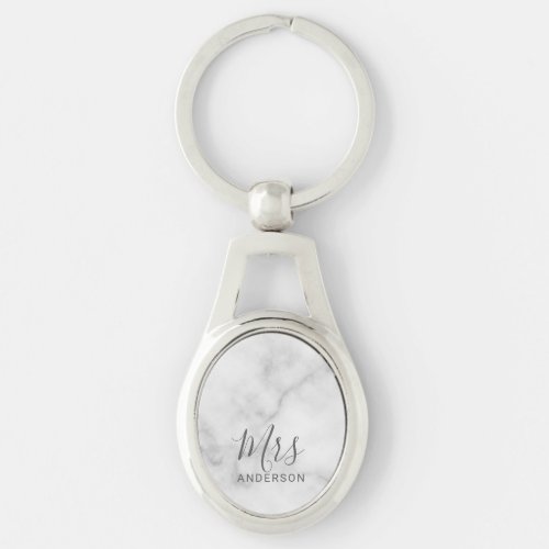 Mr and Mrs  White Marble Modern Script Wedding Keychain