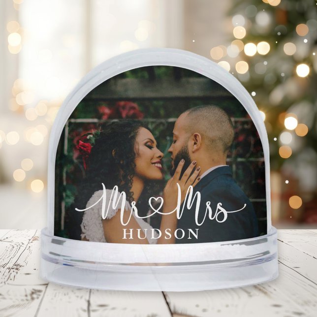 Mr and Mrs White Script Wedding Photo Snow Globe (Creator Uploaded)