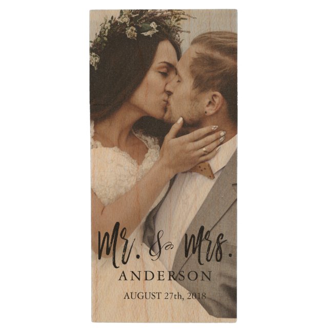 Mr. and Mrs. White Typography Wedding Photos USB Wood Flash Drive (Front Vertical)