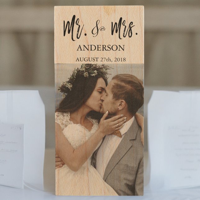 Mr. and Mrs. White Typography Wedding Photos USB Wood Flash Drive (Creator Uploaded)