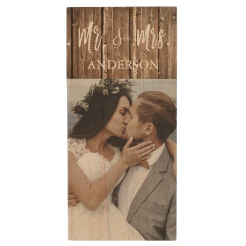 Mr and Mrs White Typography Wedding Photos USB Wood Flash Drive