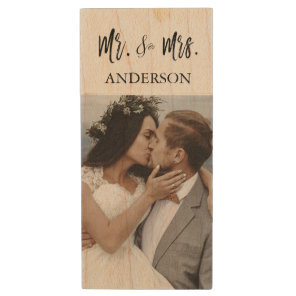 Mr. and Mrs. White Typography Wedding Photos USB Wood Flash Drive