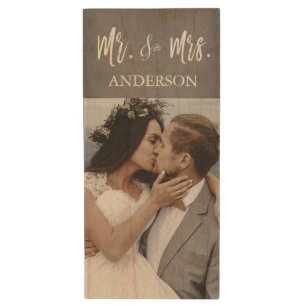 Mr. and Mrs. White Typography Wedding Photos USB Wood USB Flash Drive