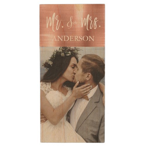 Mr and Mrs White Typography Wedding Photos USB Wood USB Flash Drive