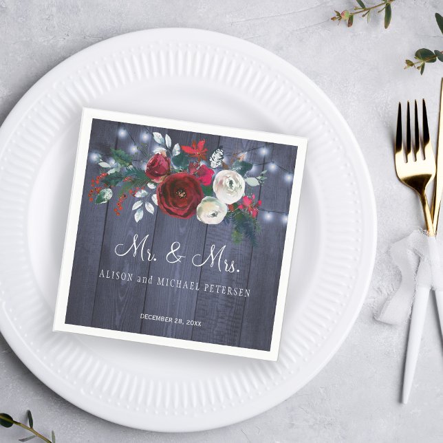 Mr and Mrs winter red peonies Christmas wedding Napkins (Creator Uploaded)