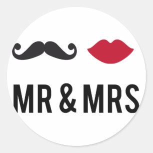 mr. and mrs. with mustache and red lips classic round sticker