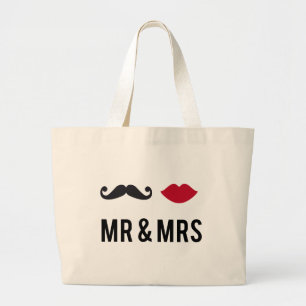 mr. and mrs. with mustache and red lips large tote bag