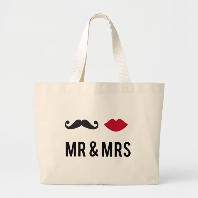 mr. and mrs. with mustache and red lips large tote bag (Front)
