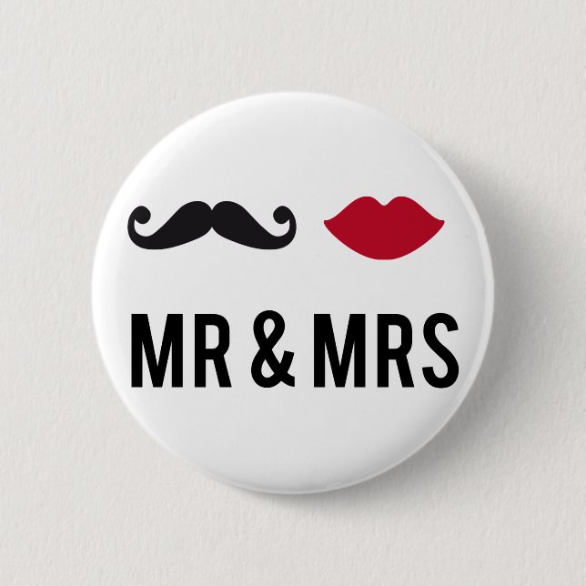 mr. and mrs. with mustache and red lips pinback button (Front)