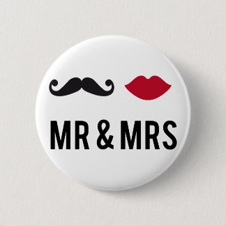mr. and mrs. with mustache and red lips pinback button