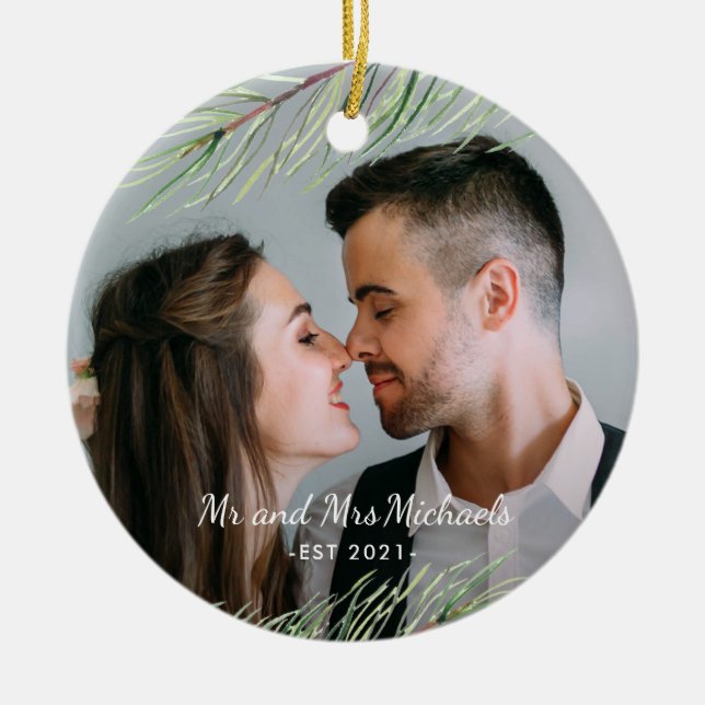 Mr and Mrs with Year and Photo Christmas Ceramic Ornament (Front)