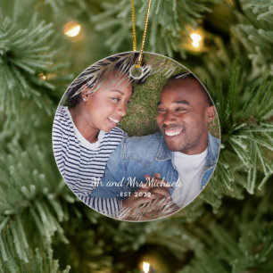 Mr and Mrs with Year and Photo Christmas Taupe Ceramic Ornament