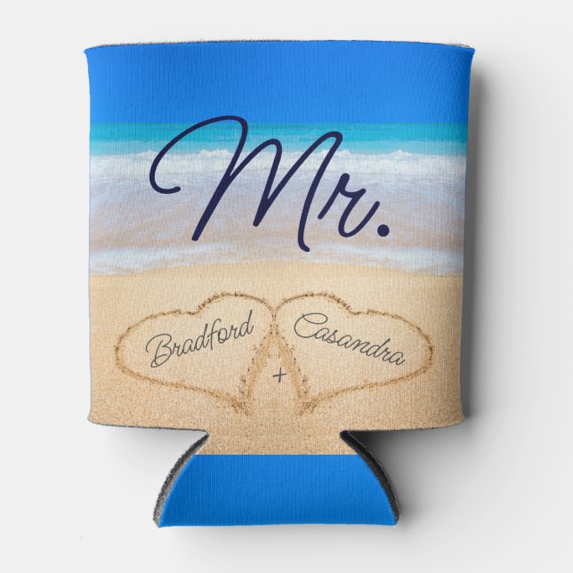 Mr. Beach Wedding Hearts in Sand  Can Cooler (Front)