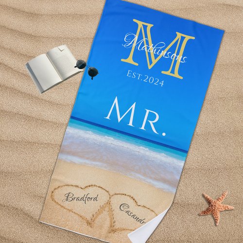 Mr Beach Wedding Hearts in Sand Family Monogram B Beach Towel