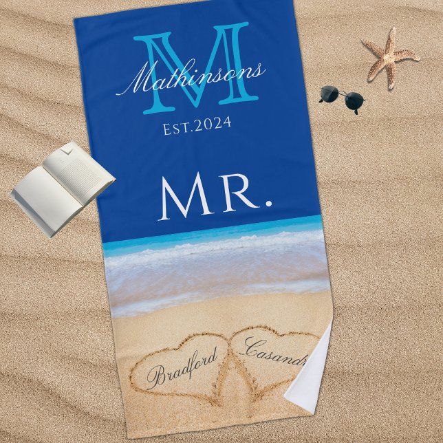 Mr. Beach Wedding Hearts in Sand Family Monogram B Beach Towel (Creator Uploaded)