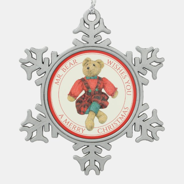 MR. BEAR Pewter Snowflake Ornament + Text (Front)