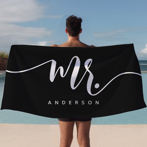 Mr Black And White Newlywed Groom Personalized Beach Towel