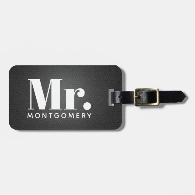 Mr. Black Leather Script Monogrammed Name Luggage Tag (Front Horizontal)
