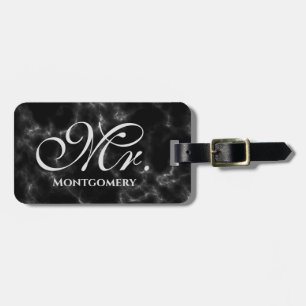 Mr. Black Marble Script Monogrammed Name Luggage Tag