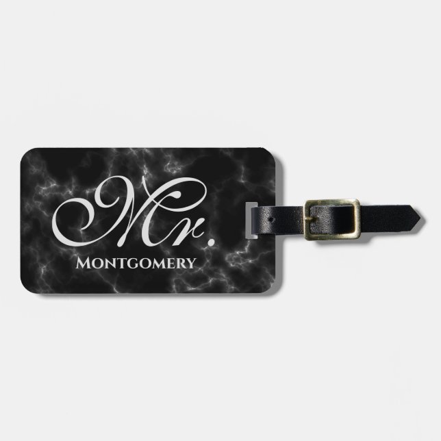 Mr. Black Marble Script Monogrammed Name Luggage Tag (Front Horizontal)