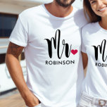 Mr Black Modern Script Custom Wedding Monogram T-Shirt<br><div class="desc">Custom Mr shirt design with modern stylish script and red heart accent can be personalized with the groom's last name. Makes a great wedding gift for the honeymoon!</div>