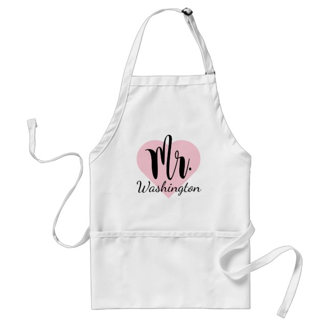 Mr. Black Script Monogram Pink Heart Wedding Adult Apron (Front)