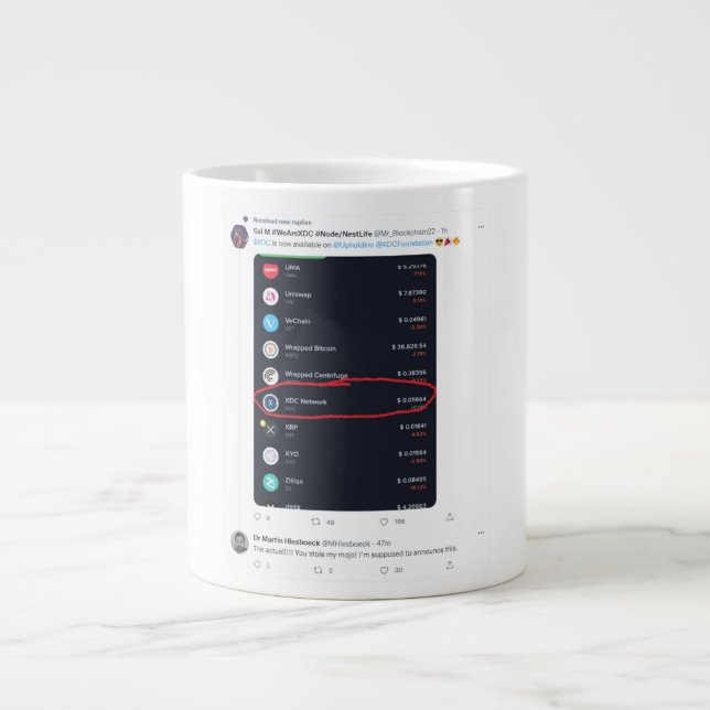 Mr.Blockchain22 Breaks XDC Listing on Uphold Giant Coffee Mug (Front)