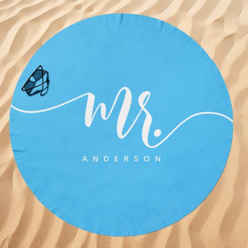 Mr Blue And White Groom Custom Name Beach Towel